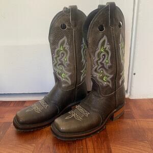 7 Men's Double H Roper Leather Green Embroidery Cowboy Boots Square Toe New